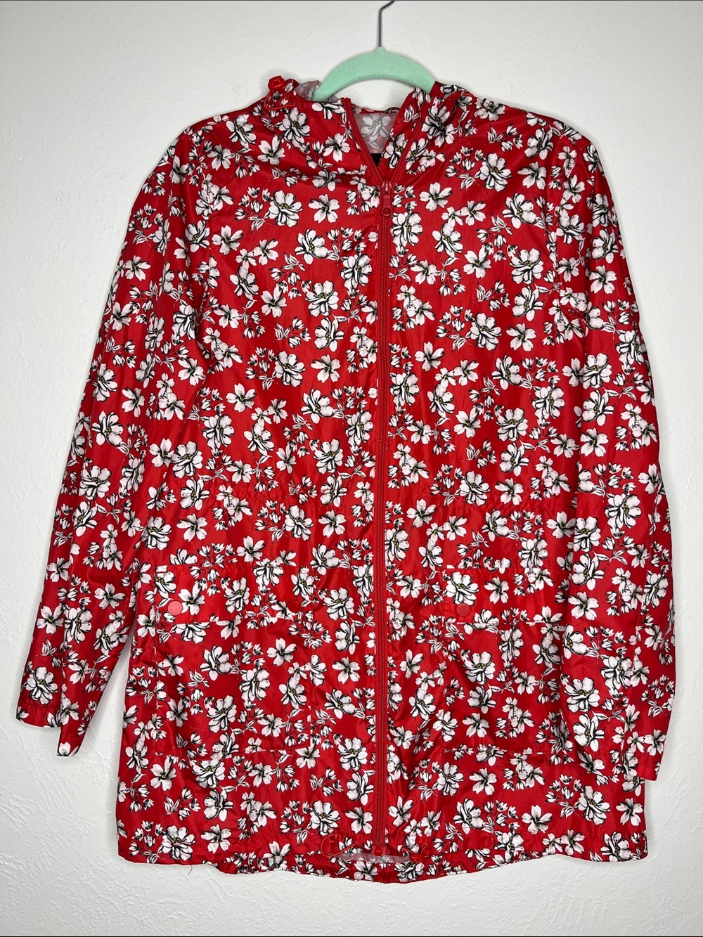 Red Floral Raincoat/Windbreaker - Size 8 Adjustable Packable Oversized
